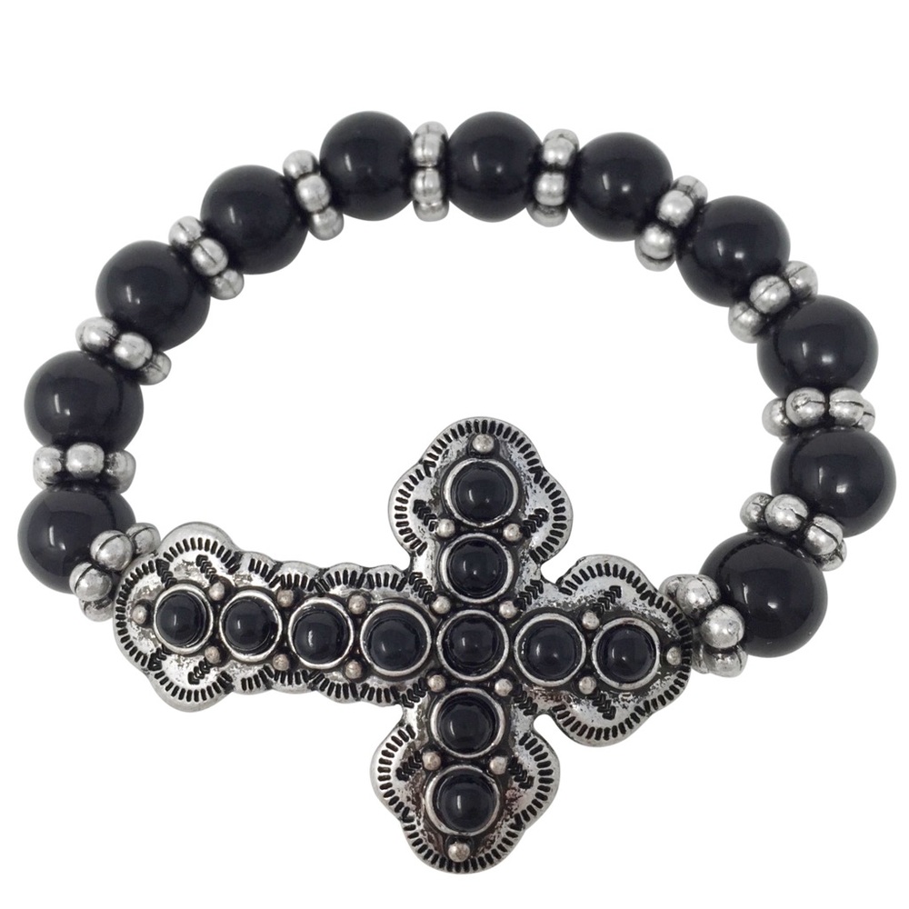 Sideways Cross Black Beaded Christian Stretch Bracelet